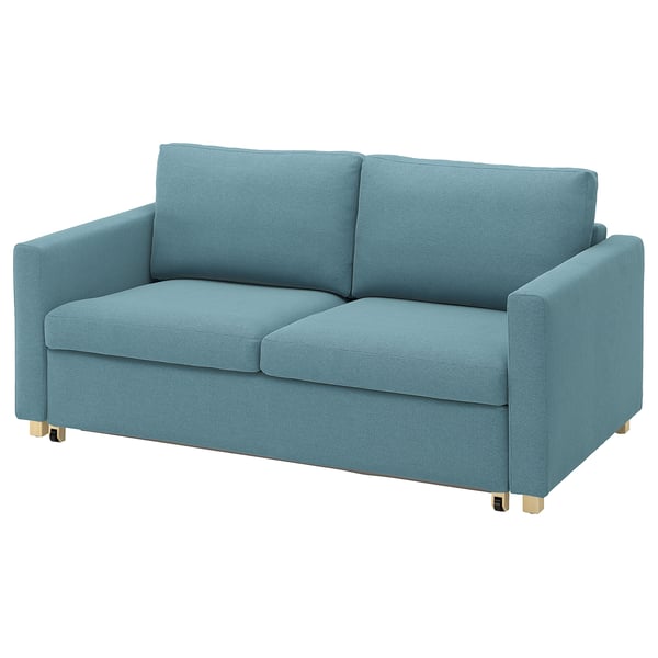 A blue IKEA SALTSJÖBADEN 2-seat sofa-bed. It has a modern design with straight lines and is upholstered in recycled fabric.