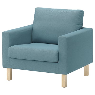 A blue SALTSJÖBADEN armchair with wooden legs made of recycled polyester and cotton.