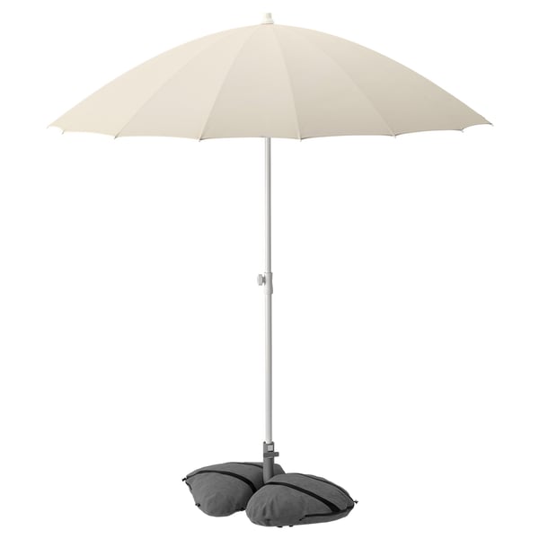 Beige outdoor umbrella with grey weighted base. Steel pole, polyester fabric, dome-shaped.