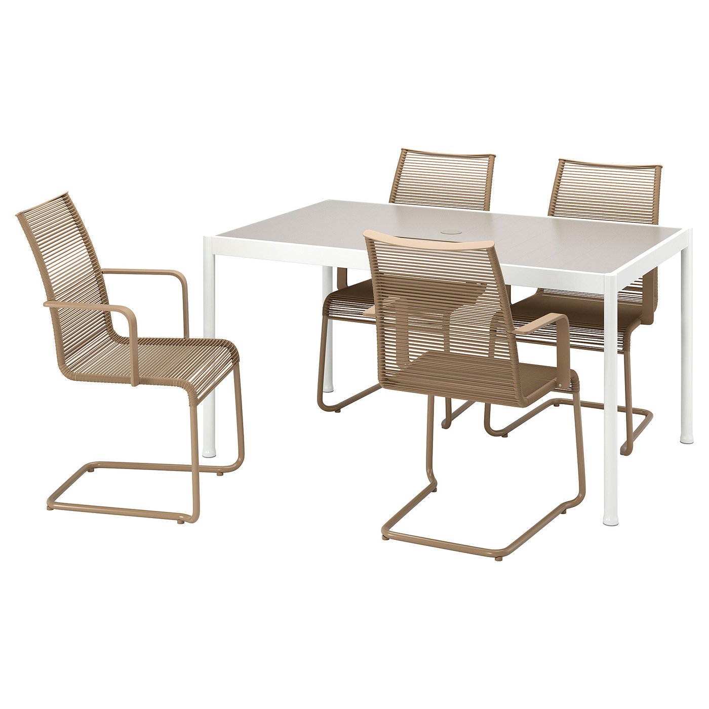 SEGERÖN / VÄSMAN Table and 4 chairs with armrests - outdoor white/beige/brown 147 cm