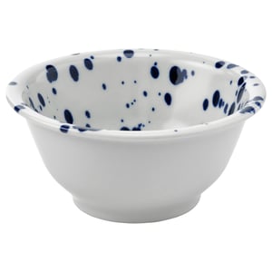 Round, white bowl with blue splatters, made of stoneware.