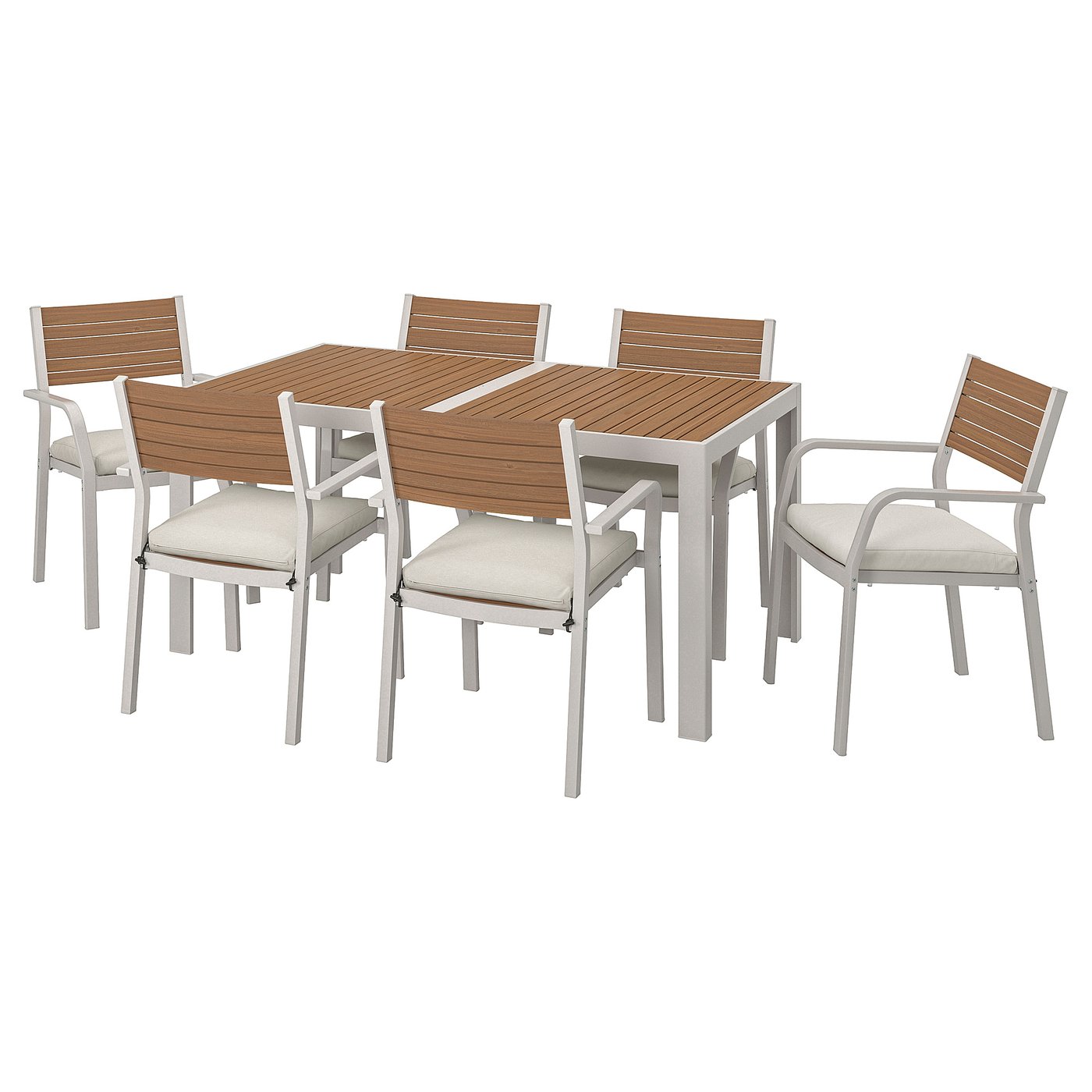 SJÄLLAND Table+6 chairs w armrests, outdoor, light brown, Frösön
