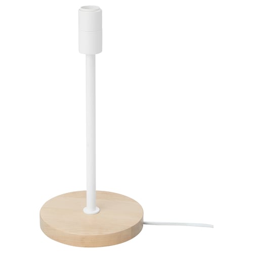 A SKAFTET table lamp base in white. Made of solid birch wood, it a round wooden base and a slender metal rod for holding a lampshade.