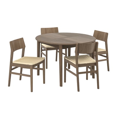 SKANSNÄS: modern brown dining set with 4 walnut chairs and round extendable table, inspired by scandinavian design for 4-6 people.