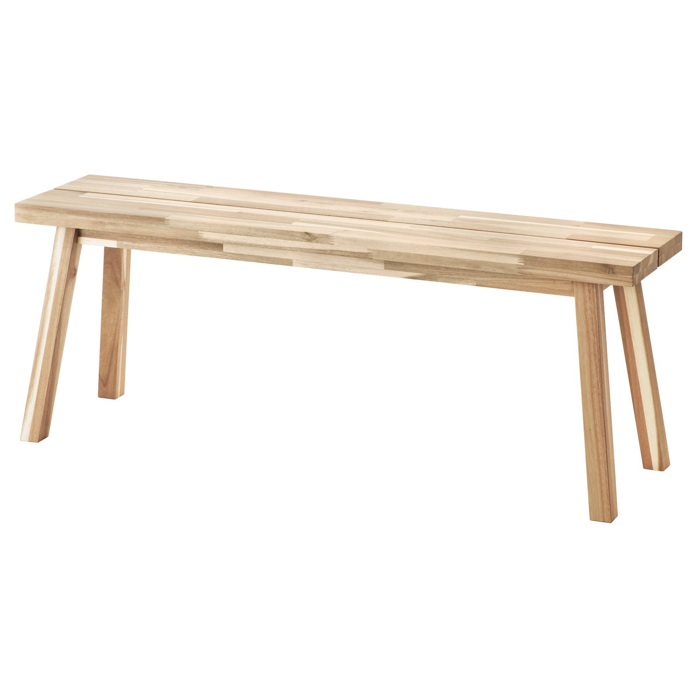 SKOGSTA acacia wooden bench, light brown, rectangular, simple design, sturdy legs.