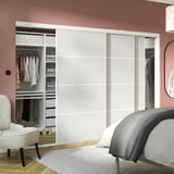 SKYTTA / HOKKSUND Sliding door combination, white/high-gloss light grey, 301x205 cm