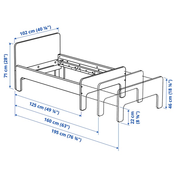 SLÄKT / NATTAPA Ext bed frm w guard rl+slat bd base, white, 91x190 cm