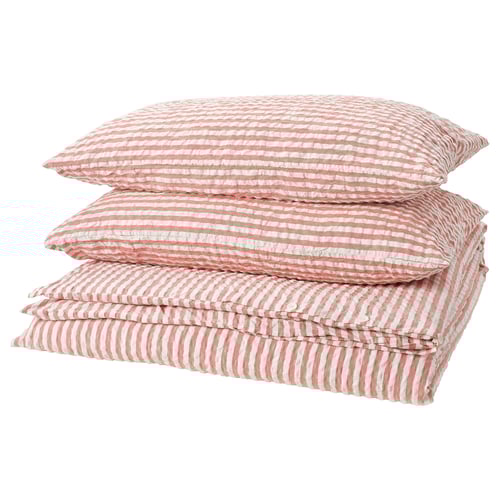 SMÅNUNNEÖRT Duvet cover and 2 pillowcases, red-brown white/striped, 240x220/50x80 cm
