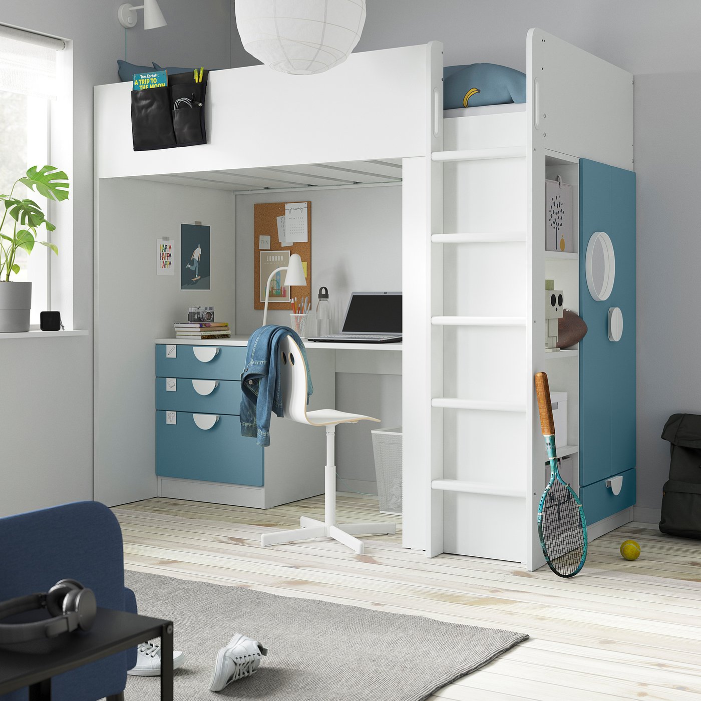SMÅSTAD loft bed, white blue/with desk with drawers, Single IKEA