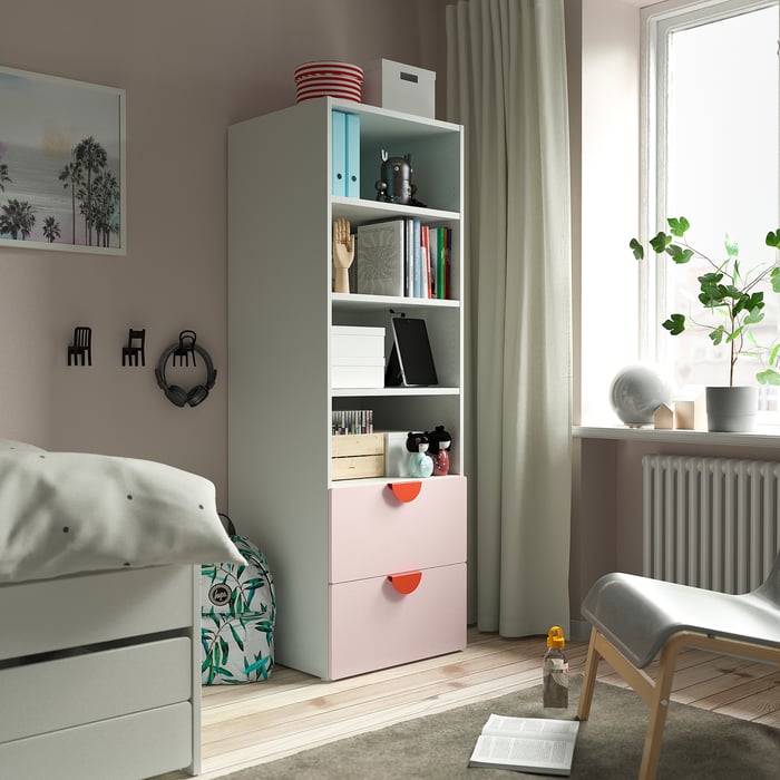 SMÅSTAD / PLATSA bookcase, white pale pink/with 2 drawers, 60x57x181 cm