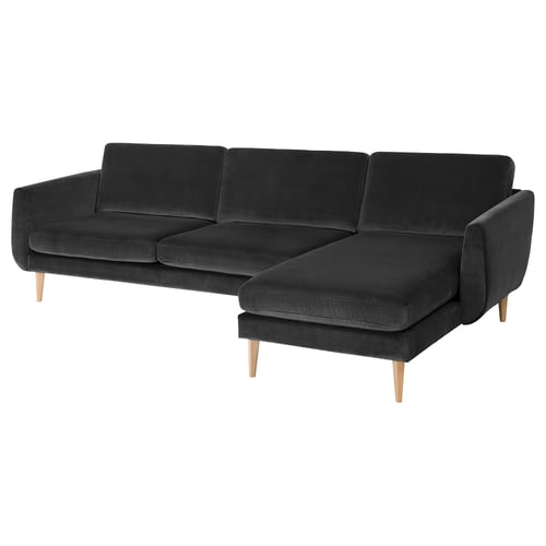 SMEDSTORP dark grey corner sectional sofa with velvet cover and wooden legs.
