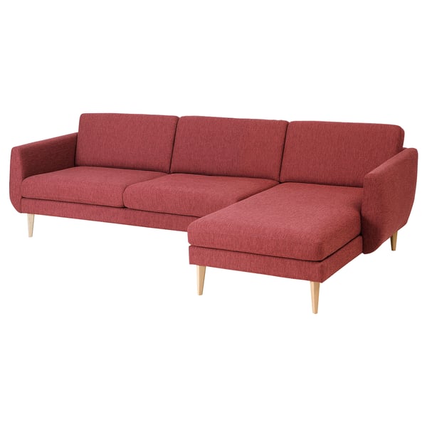 SMEDSTORP 4-seat sofa with chaise longue, Lejde/red/brown birch effect