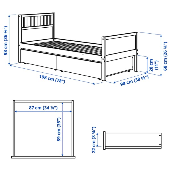 SMYGA Bed frame with storage, light grey, Single