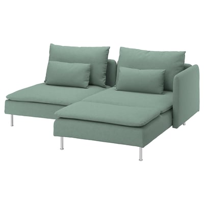 Green SÖDERHAMN sectional sofa, modern l-shape with four pillows, sleek metal legs, soft drink-colored fabric.