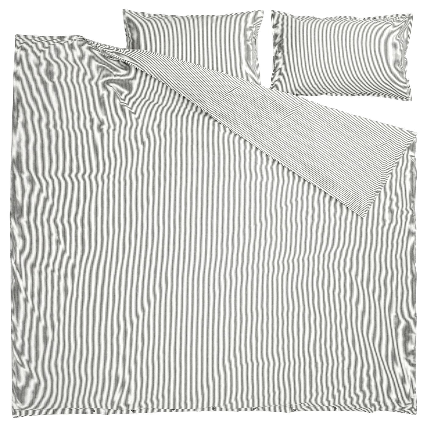 Image shows SOLFIBBLA bed linens in blue and white stripes, made of 100% cotton, with matching duvet cover and pillows in rectangular shape.