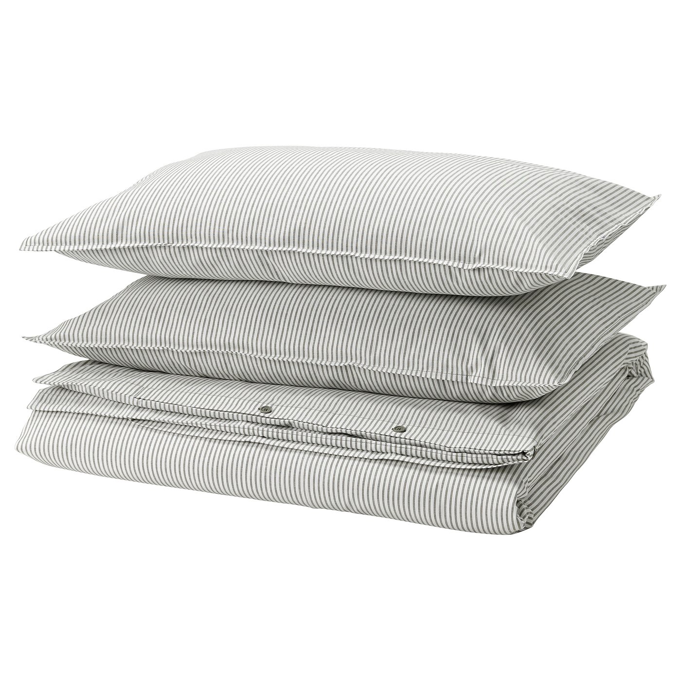 Stack of three grey and white striped pillows. Rectangular, soft, cotton material. Simple, clean design.