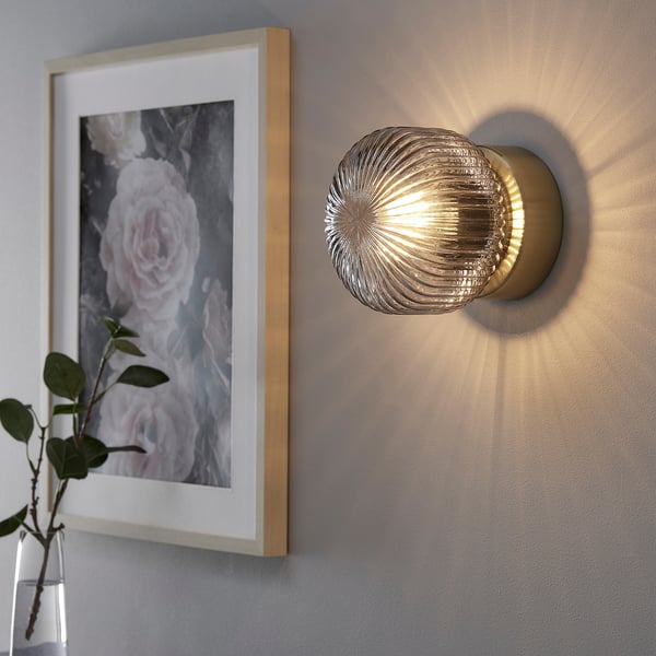 SOLKLINT Wall lamp, wired-in installation, brass/grey clear glass