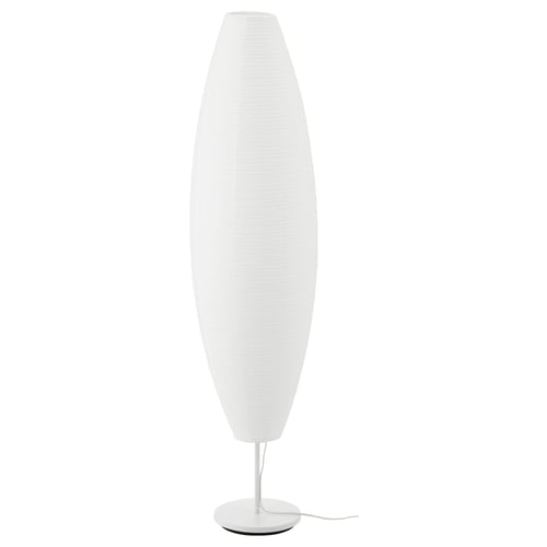 A tall, white, cylindrical floor lamp named SOLLEFTEÅ. Its design a double-layered rice paper shade for diffused light.