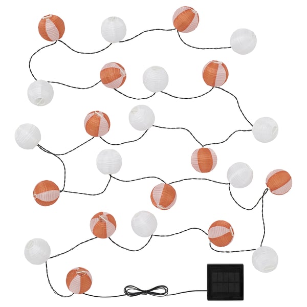 SOLVINDEN solar lanterns: orange and white spherical lights on a string, powered by a solar panel.