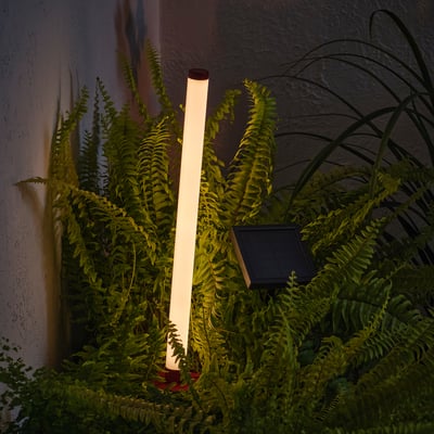 Vertical, illuminated white modern lamp powered by solar panel, lit amidst lush green ferns.