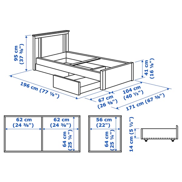 SONGESAND Bed frame with 2 storage boxes, white/Lönset, Single