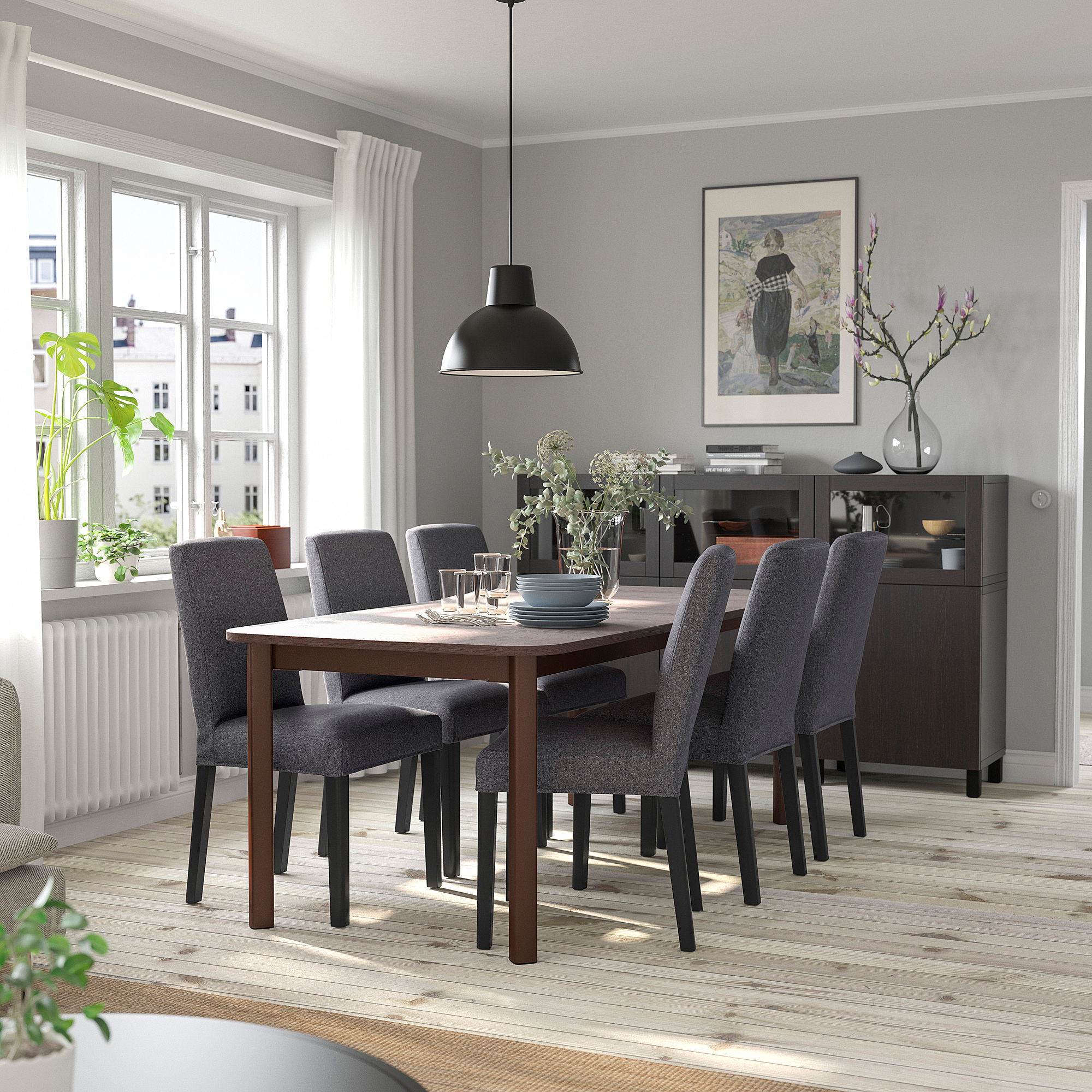 STRANDTORP / BERGMUND Table and 6 chairs, brown/Gunnared medium grey, 150/205/260 cm