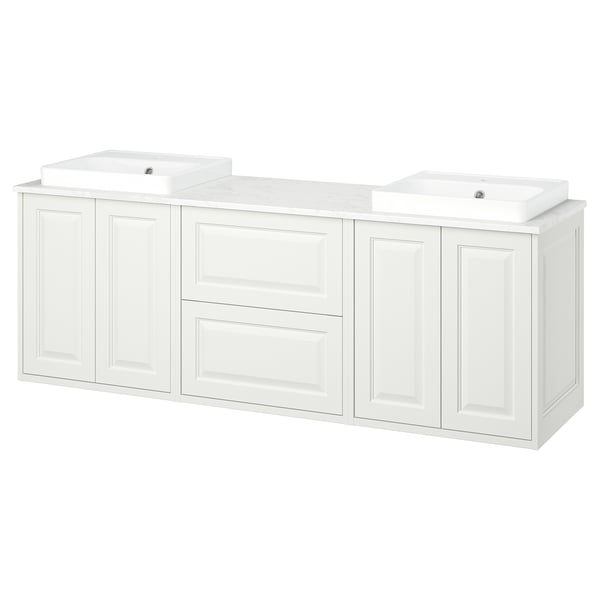 White TÄNNFORSEN double vanity with marble top, two sinks, cabinet & drawer storage.