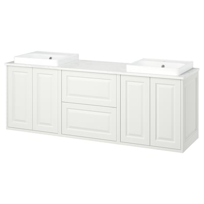White TÄNNFORSEN double vanity with marble top, two sinks, cabinet & drawer storage.