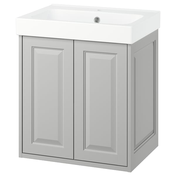 TÄNNFORSEN grey bathroom cabinet, rectangular with white sink, double doors.