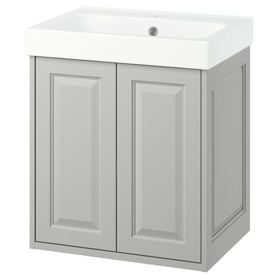 TÄNNFORSEN grey bathroom cabinet, rectangular with white sink, double doors.