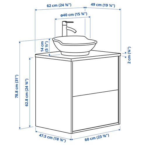 TÄNNFORSEN / VÄSTERSJÖN Wash-stnd w drawers/wash-basin/tap, white/black marble effect, 62x49x79 cm