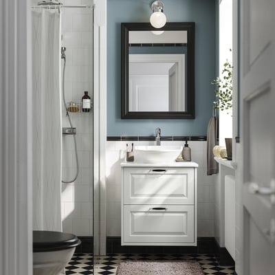 TÄNNFORSEN / VÄSTERSJÖN Wash-stnd w drawers/wash-basin/tap, white/white marble effect, 62x49x79 cm