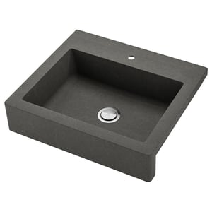 Dark grey sink, single basin, apron front, stainless drain.