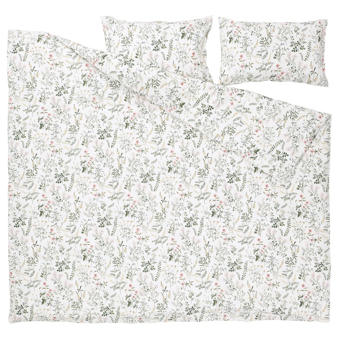 TIMJANSMOTT duvet cover and 2 pillowcases, white/floral pattern