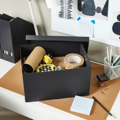 TJENA Storage box with lid, black, 25x35x20 cm