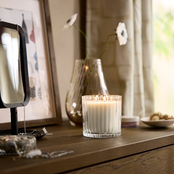 TOFSTÄRNA Scented candle in glass, 2 wicks, Fresh linen clear glass, 50 hr