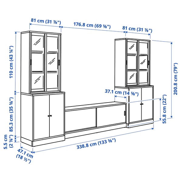 TONSTAD TV storage combination, off-white/clear glass, 339x47x201 cm