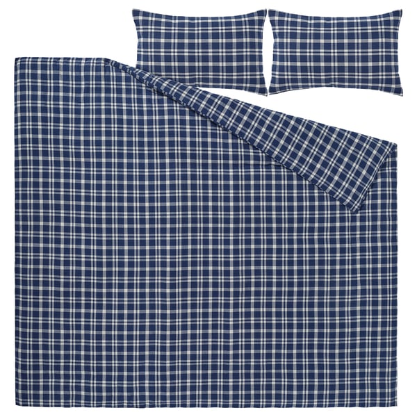 Blue plaid bed set: flat duvet and two pillowcases, 100% cotton flannel.