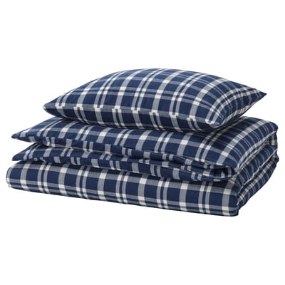 TORNTUSS blue plaid flannel duvet cover set, folded neatly with pillowcases, 100% cotton.