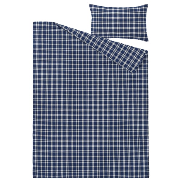 TORNTUSS navy blue plaid flannel bedding set; duvet & pillow in 100% cotton. Chequered pattern.