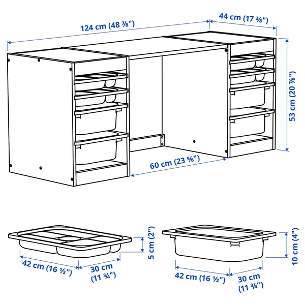 TROFAST Desk with storage boxes/trays, light white stained pine/red white, 124x44x53 cm
