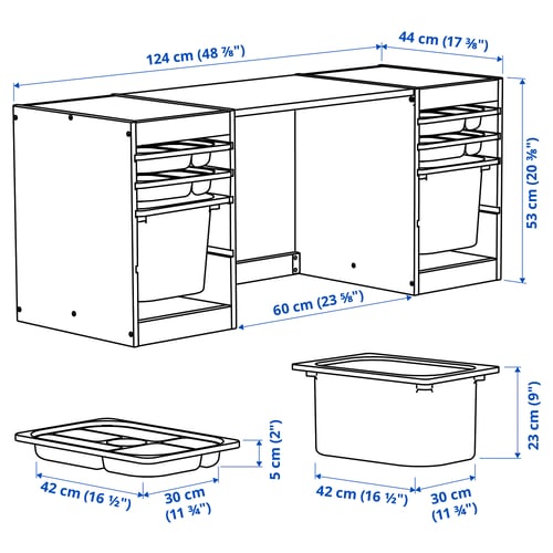 TROFAST Desk with storage boxes/trays, light white stained pine/white, 124x44x53 cm