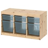 TROFAST Storage combination with boxes, light white stained pine/grey-blue, 93x44x53 cm