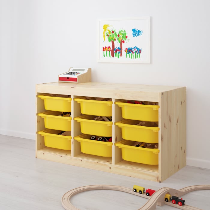 TROFAST storage combination with boxes, light white stained pine/yellow