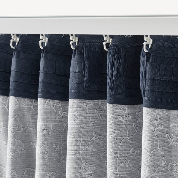 TRYSTÄVMAL Curtains, 1 pair, dark blue/white/floral pattern with heading tape, 145x250 cm