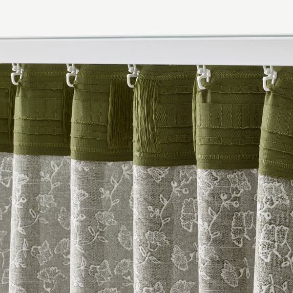 TRYSTÄVMAL Curtains, 1 pair, green/white floral pattern/with heading tape, 145x250 cm