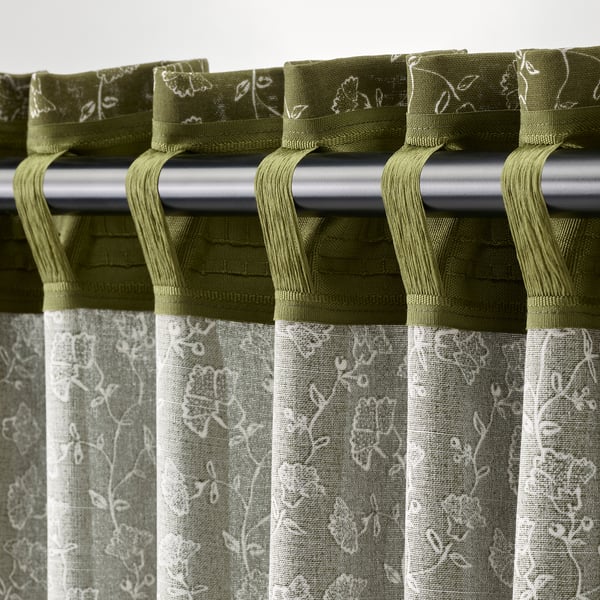TRYSTÄVMAL Curtains, 1 pair, green/white floral pattern/with heading tape, 145x250 cm