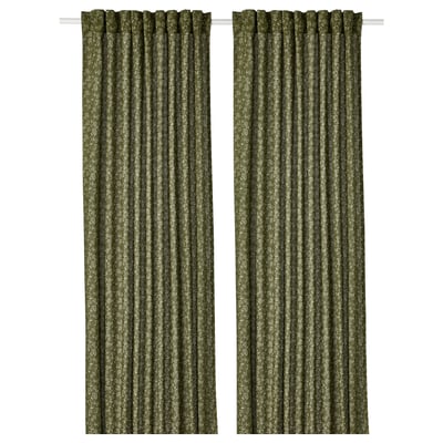 TRYSTÄVMAL Curtains, 1 pair, green/white floral pattern/with heading tape, 145x250 cm