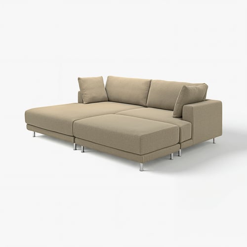 Modern beige sectional sofa with clean lines, large cushions, and chrome legs.