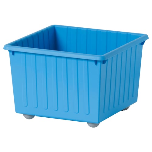 A blue VESSLA storage crate with handles and wheels, made of durable plastic.